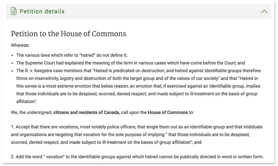 Liberal MP Sponsors Petition Calling For Criticism of Police to be Classified as a Form of Hate Speech